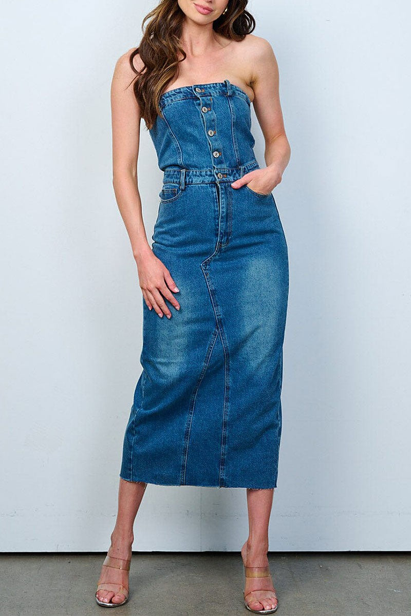 Button up pockets washed tube denim maxi dress (RVWT8078)