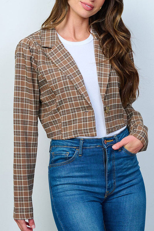 Long sleeve button closure plaid crop blazer (RVWT8083)