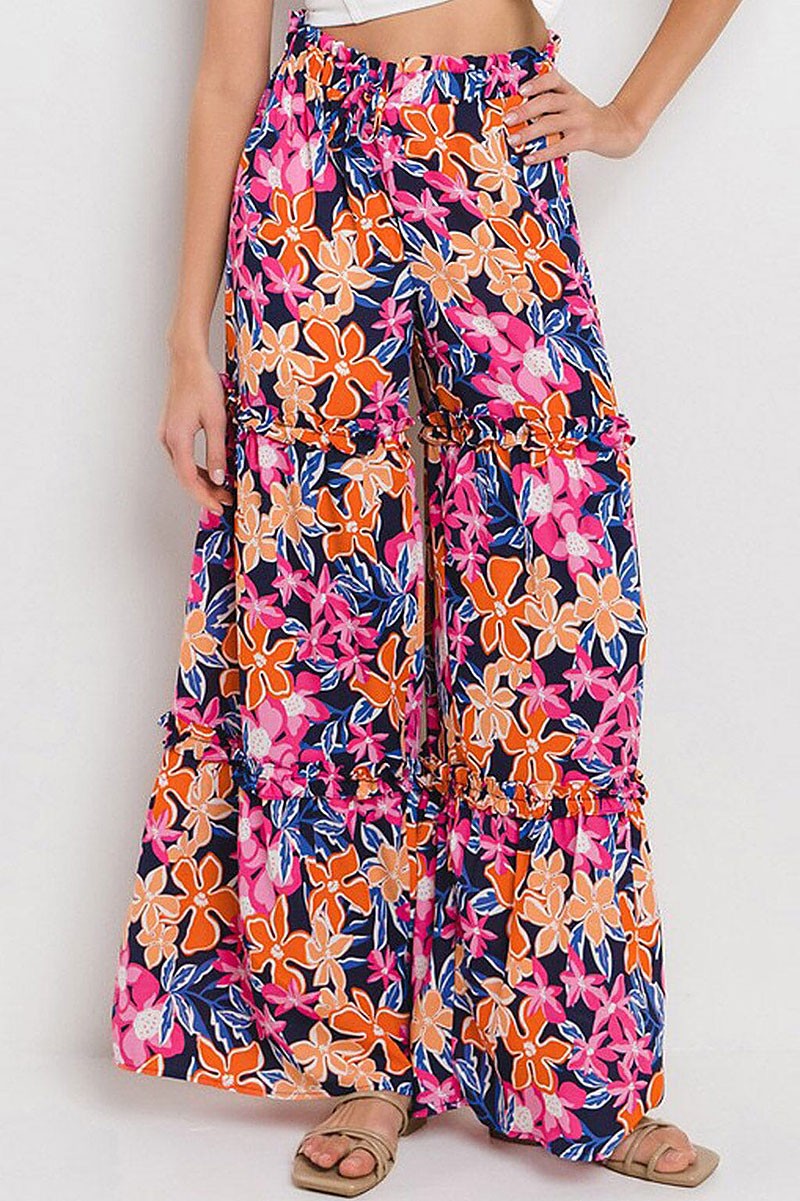 Elastic waist tiered wide leg floral pants (RVWT8091)