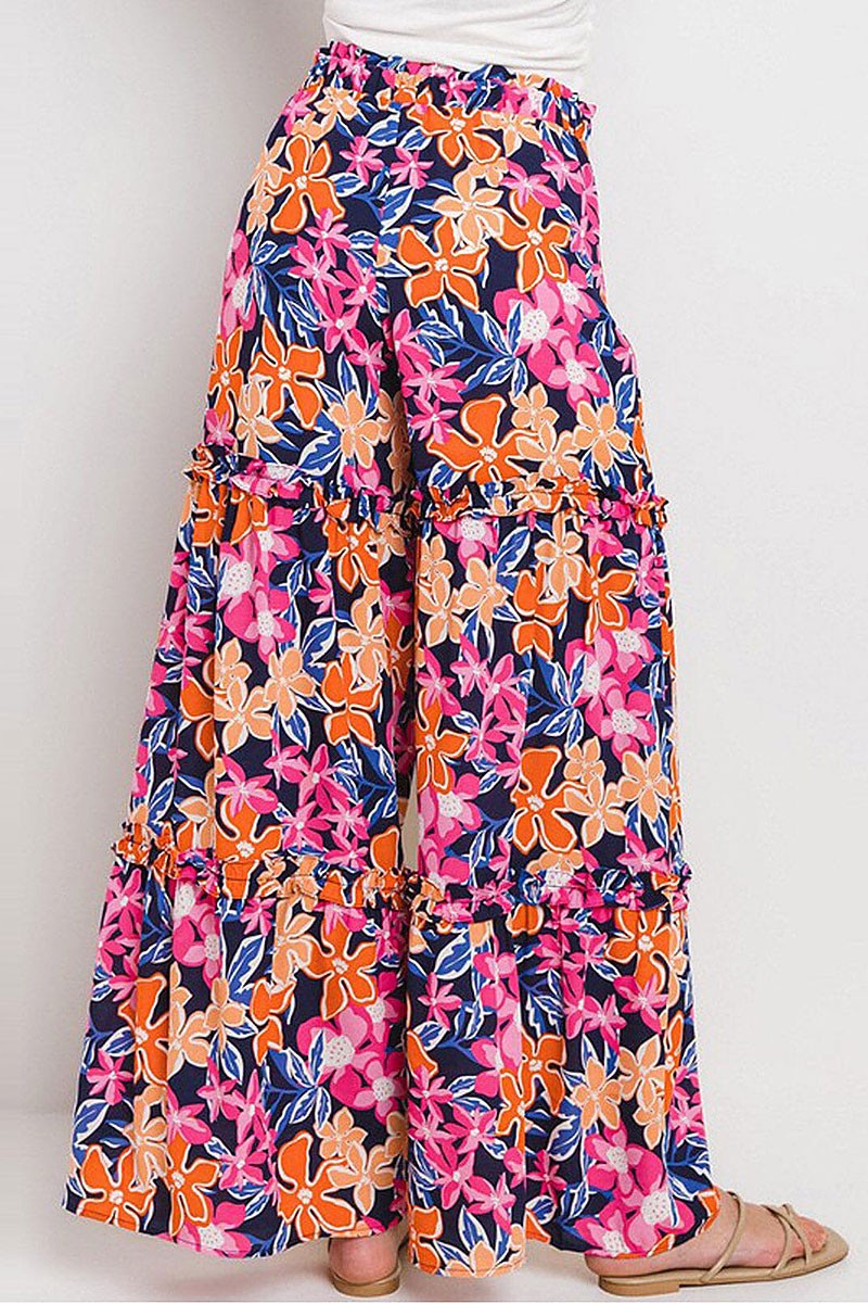 Elastic waist tiered wide leg floral pants (RVWT8091)