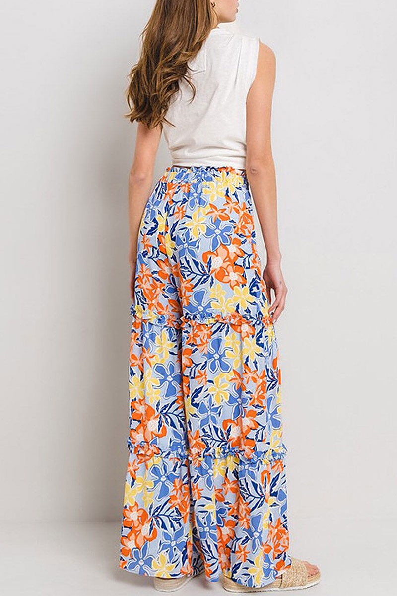 Elastic waist tiered wide leg floral pants (RVWT8091)