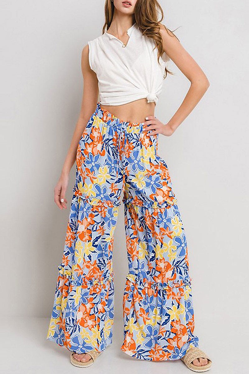 Elastic waist tiered wide leg floral pants (RVWT8091)