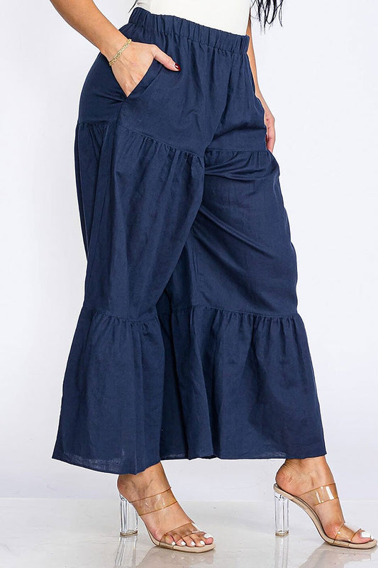 Elastic waist pockets tiered wide leg linen pants (RVWT8094)