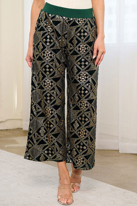 Elastic waist pockets sequins wide leg pants (RVWT8095)