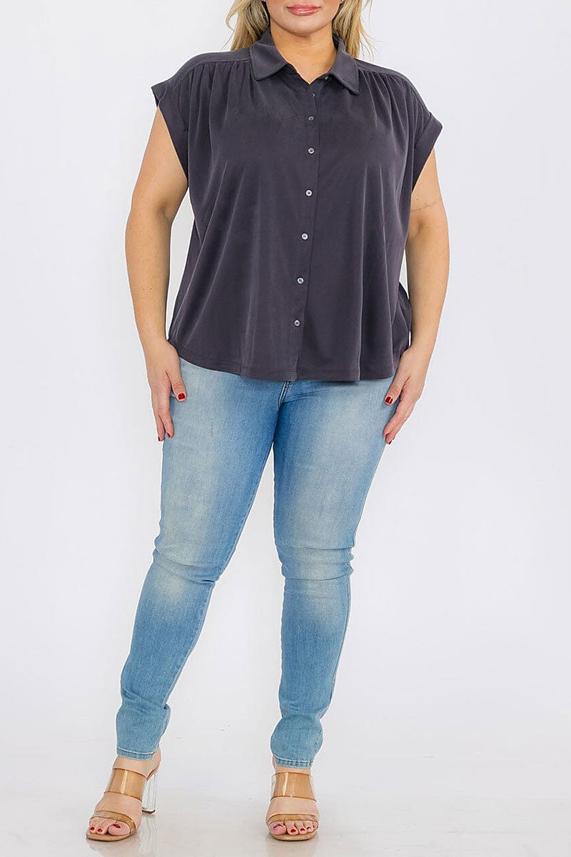 Plus size short button up blouse top (RVWT8100)