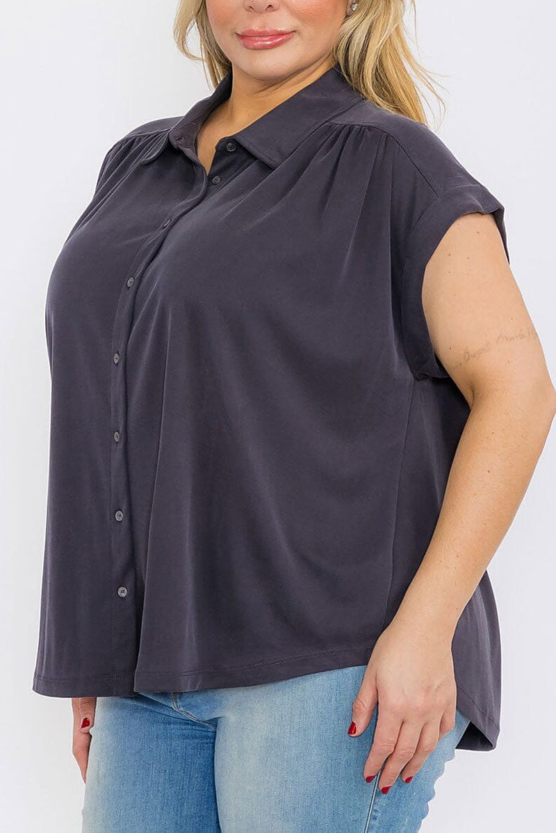 Plus size short button up blouse top (RVWT8100)