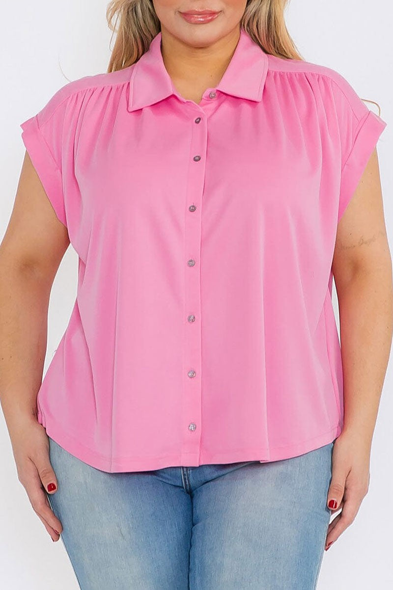 Plus size short button up blouse top (RVWT8100)