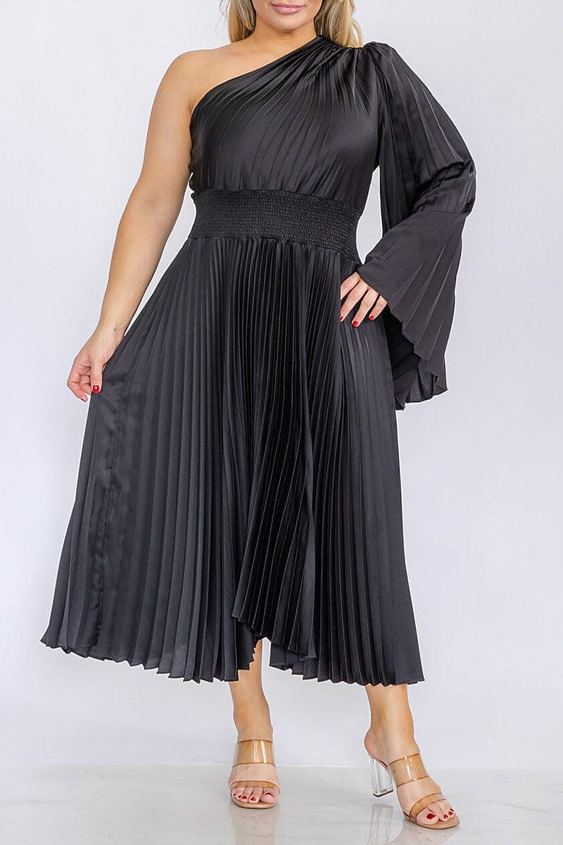 One shoulder bell sleeve smock waist pleated dress (RVWT8309)