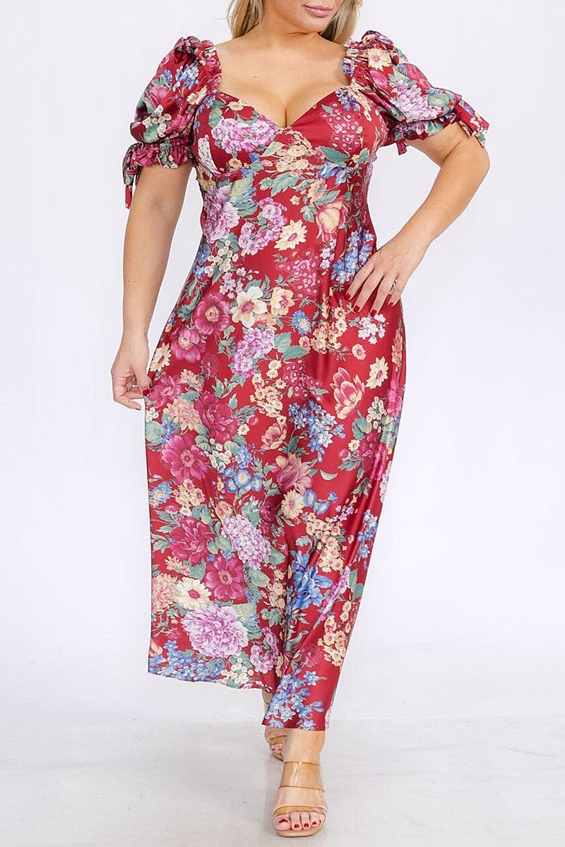 Puff sleeves v-neck floral maxi dress (RVWT8310)