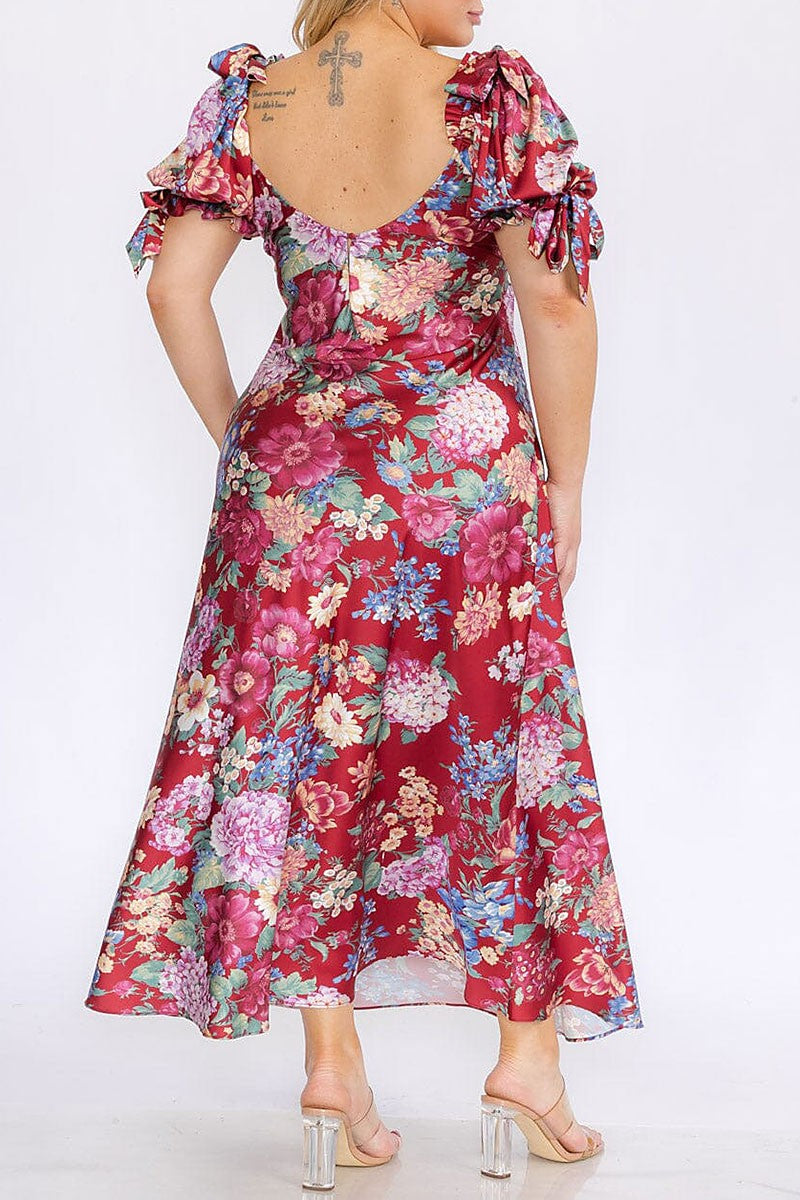 Puff sleeves v-neck floral maxi dress (RVWT8310)