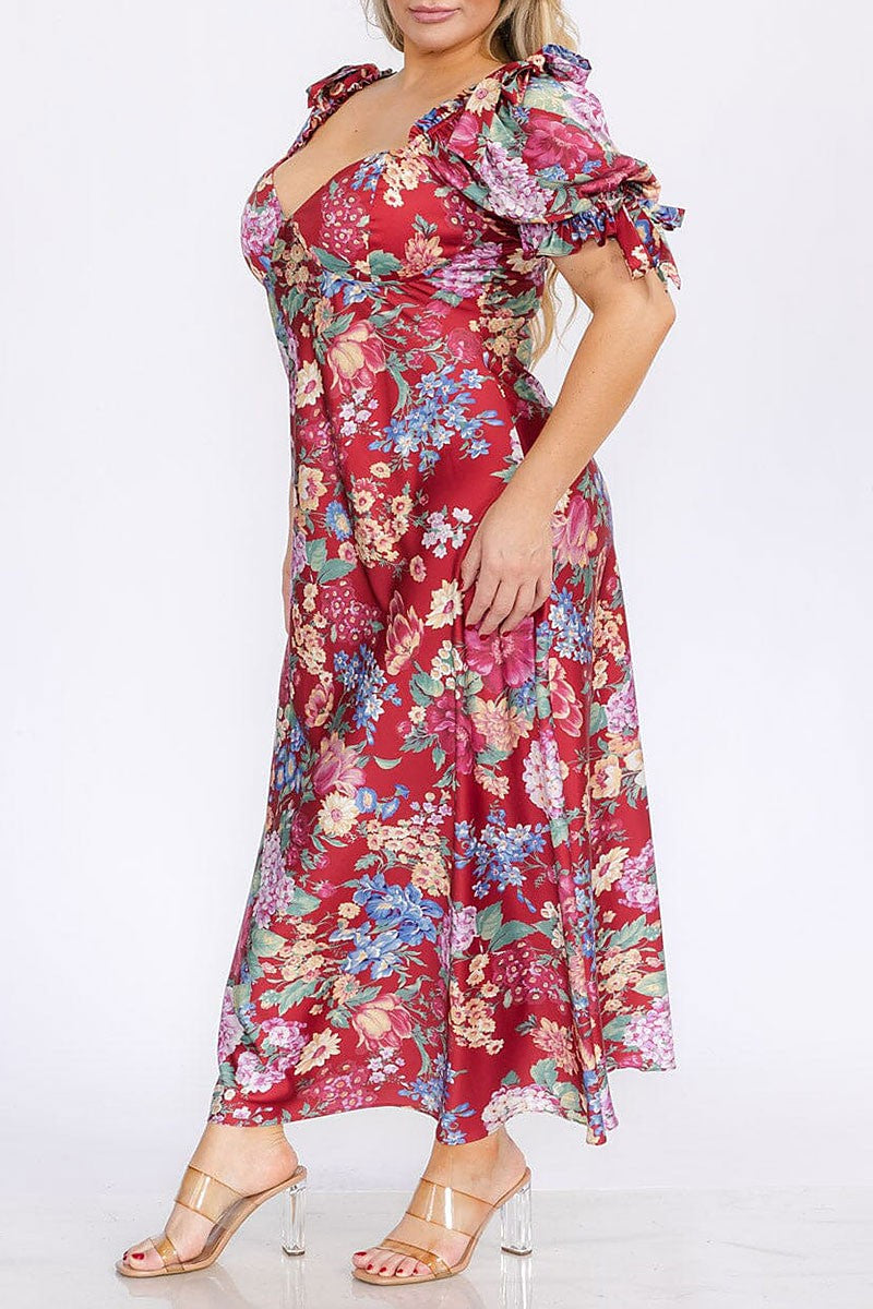 Puff sleeves v-neck floral maxi dress (RVWT8310)