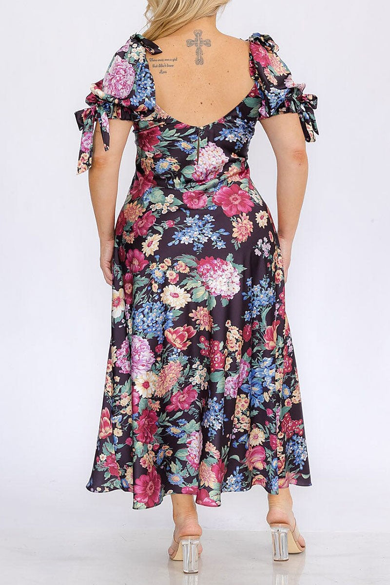 Puff sleeves v-neck floral maxi dress (RVWT8310)