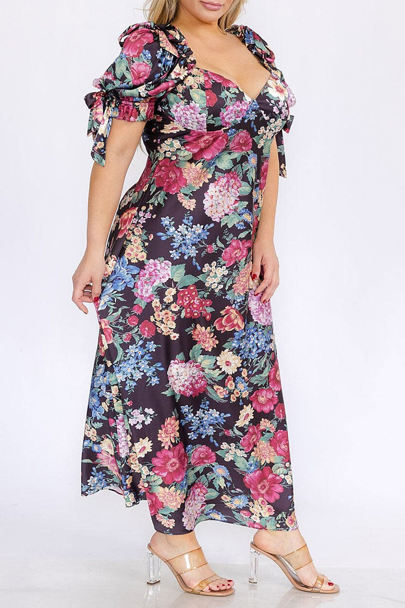 Puff sleeves v-neck floral maxi dress (RVWT8310)