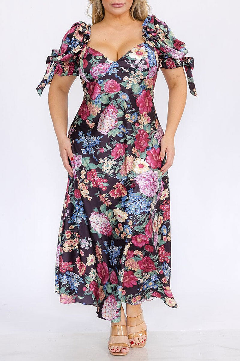 Puff sleeves v-neck floral maxi dress (RVWT8310)