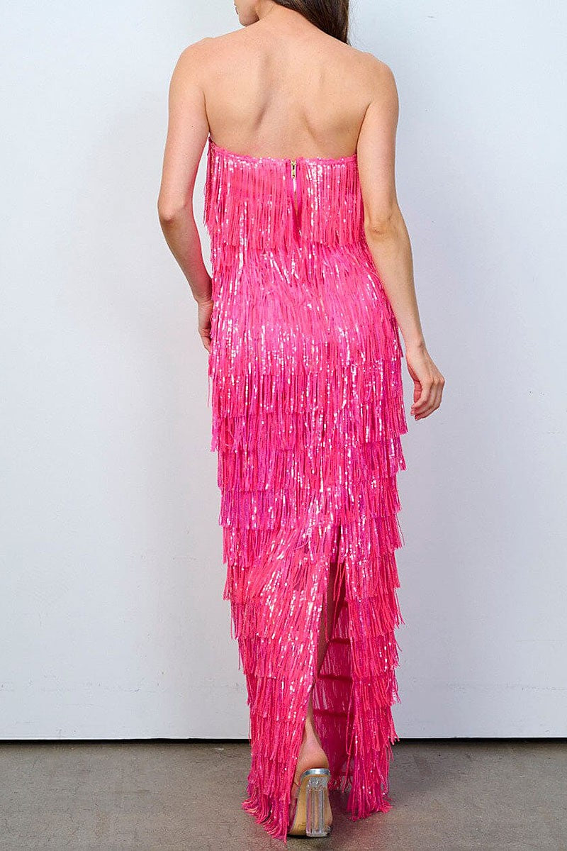 Sleeveless v-neck tiered fringe sequins maxi dress (RVWT8311)