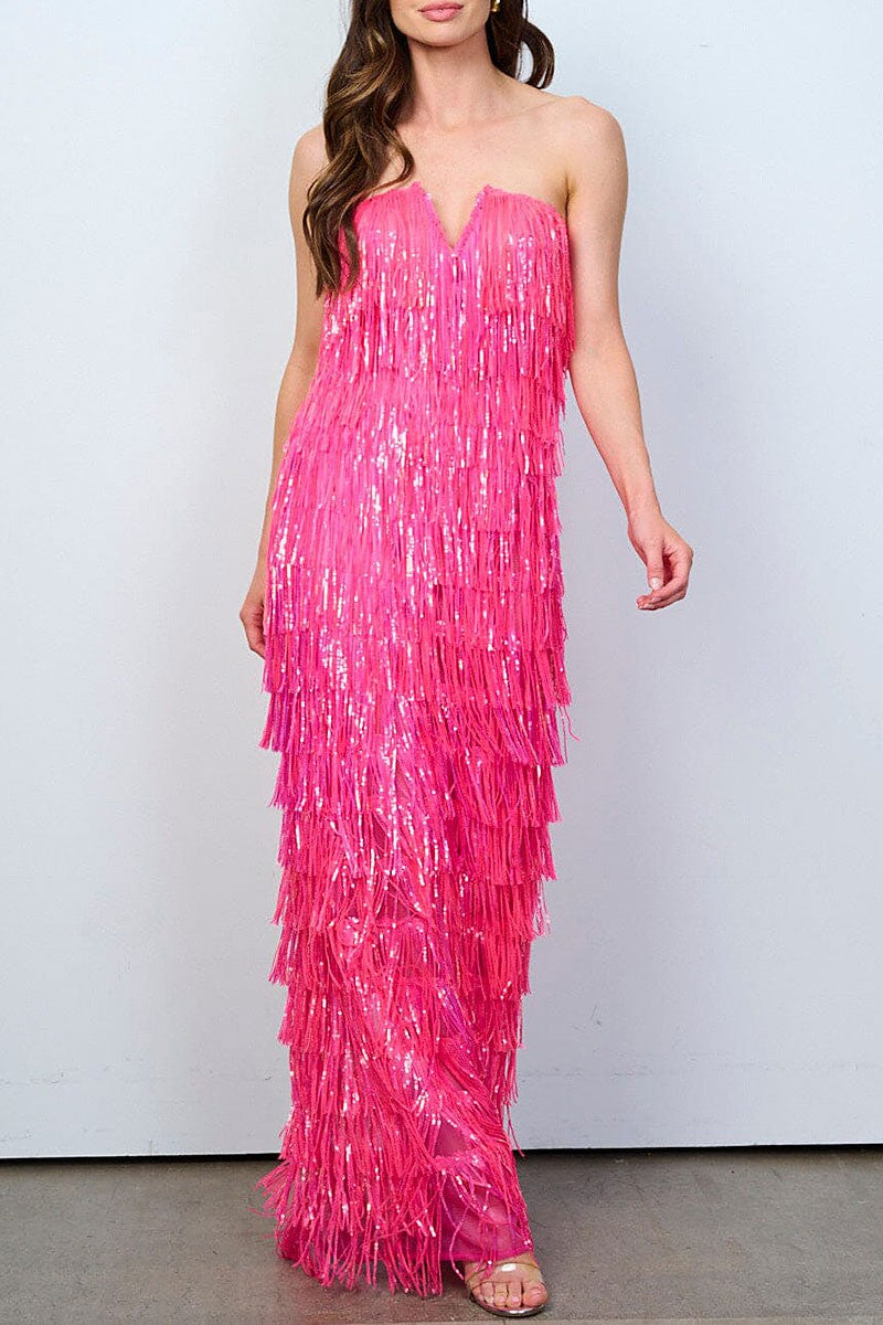 Sleeveless v-neck tiered fringe sequins maxi dress (RVWT8311)