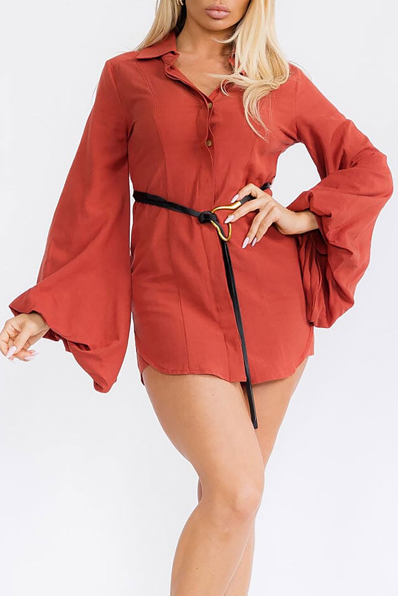 Long sleeve button up belted linen mini dress (RVWT8315)