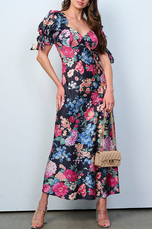 Short puff sleeves v-neck floral maxi dress (RVWT8317)