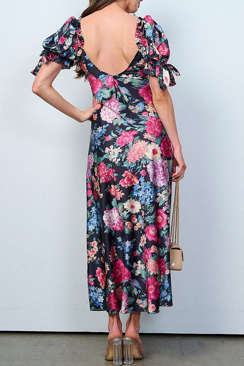 Short puff sleeves v-neck floral maxi dress (RVWT8317)