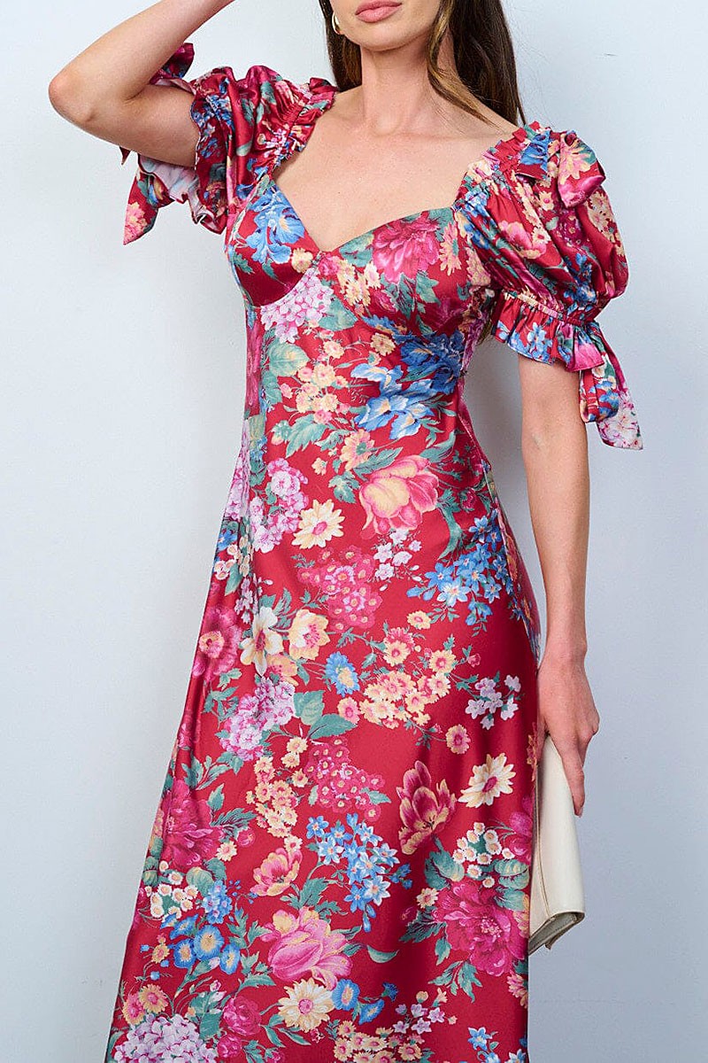 Short puff sleeves v-neck floral maxi dress (RVWT8317)