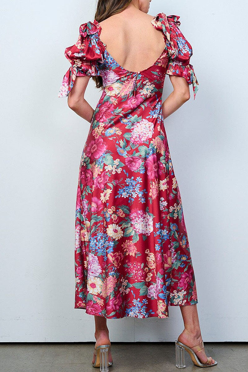 Short puff sleeves v-neck floral maxi dress (RVWT8317)