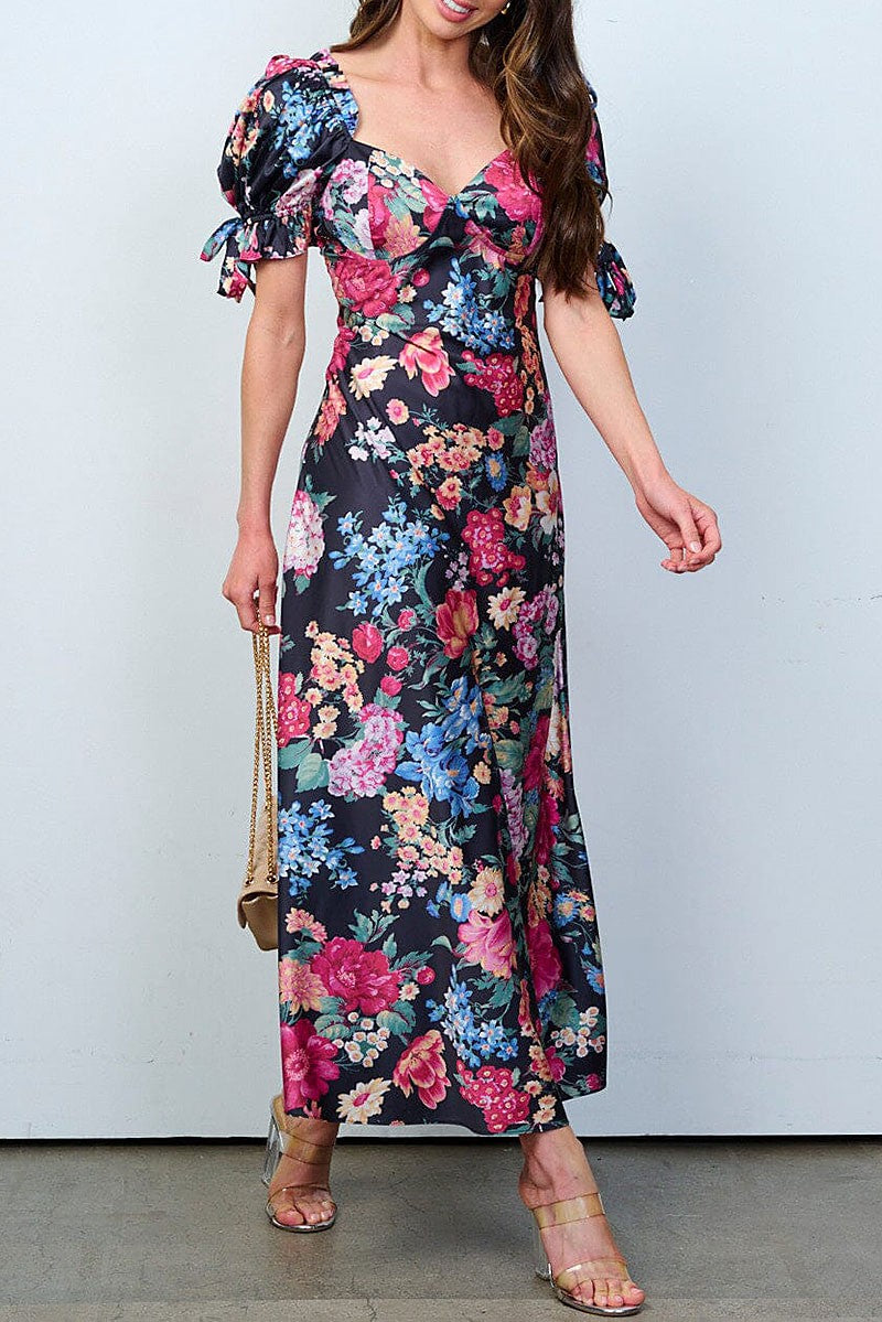 Short puff sleeves v-neck floral maxi dress (RVWT8317)