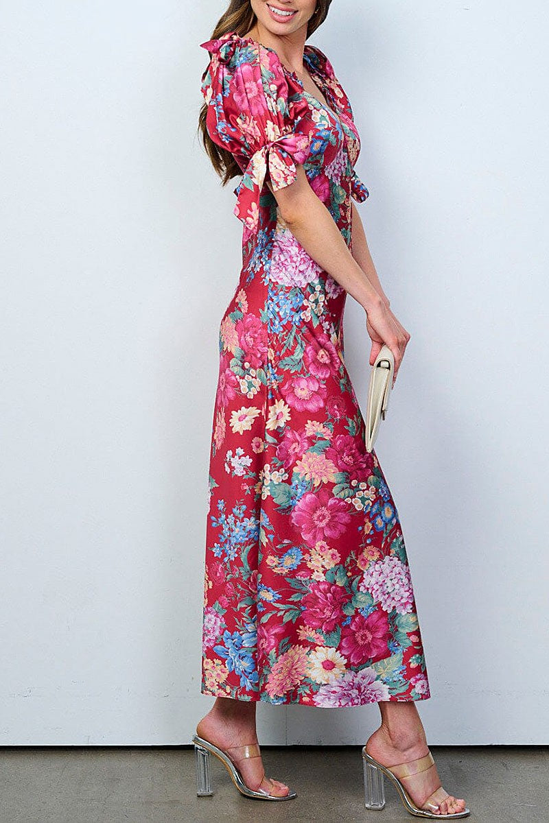 Short puff sleeves v-neck floral maxi dress (RVWT8317)