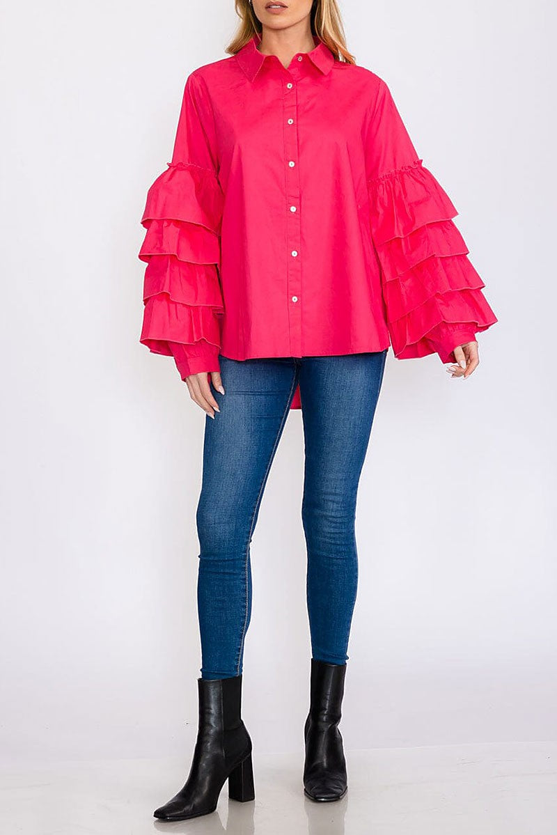 Long tiered sleeves button up high-low blouse (RVWT8349)