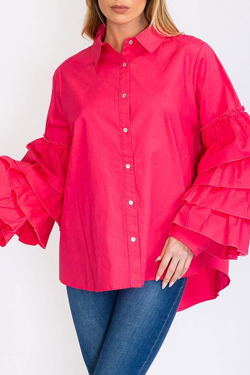 Long tiered sleeves button up high-low blouse (RVWT8349)