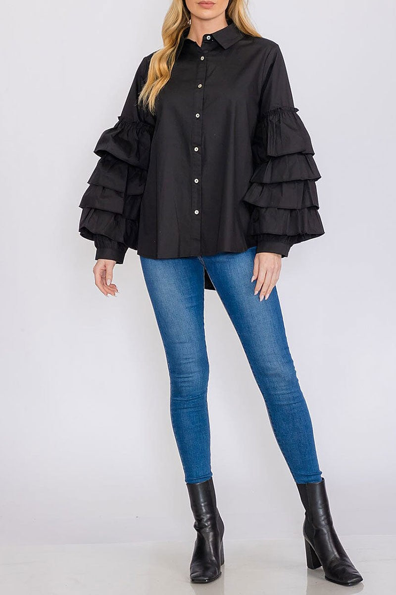 Long tiered sleeves button up high-low blouse (RVWT8349)