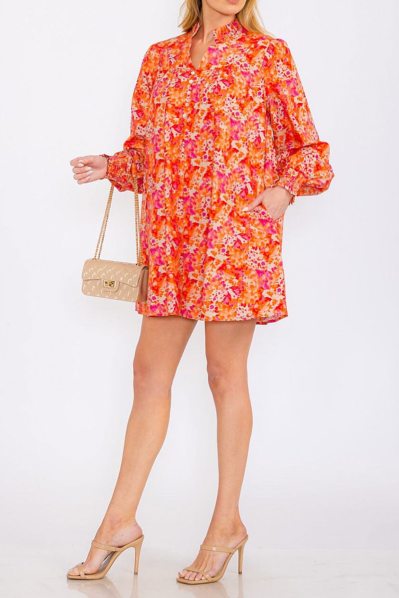 Long sleeves button up pockets floral mini dress (RVWT8350)