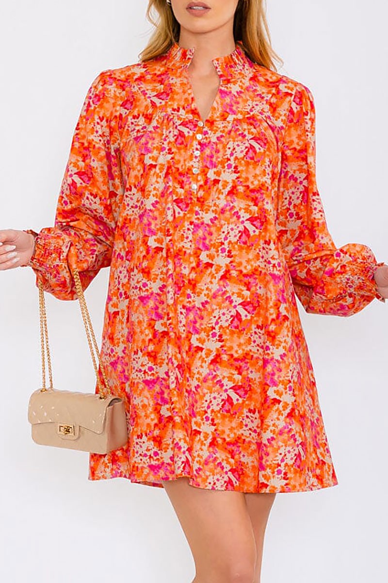 Long sleeves button up pockets floral mini dress (RVWT8350)