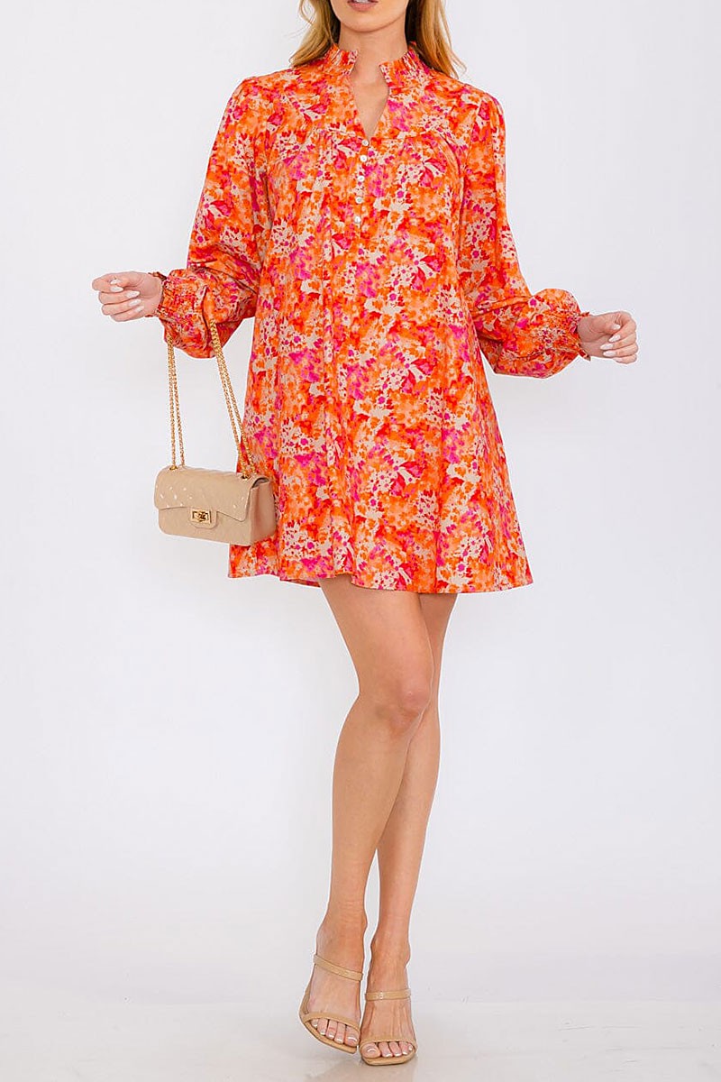 Long sleeves button up pockets floral mini dress (RVWT8350)