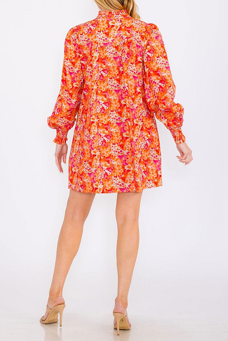 Long sleeves button up pockets floral mini dress (RVWT8350)