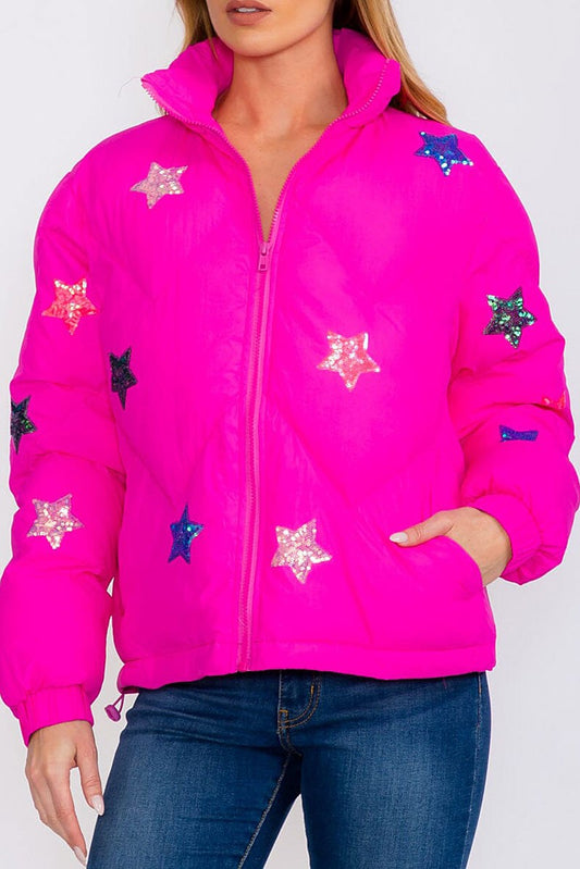 Zip up  pockets star sequins print puffer jacket (RVWT8354)