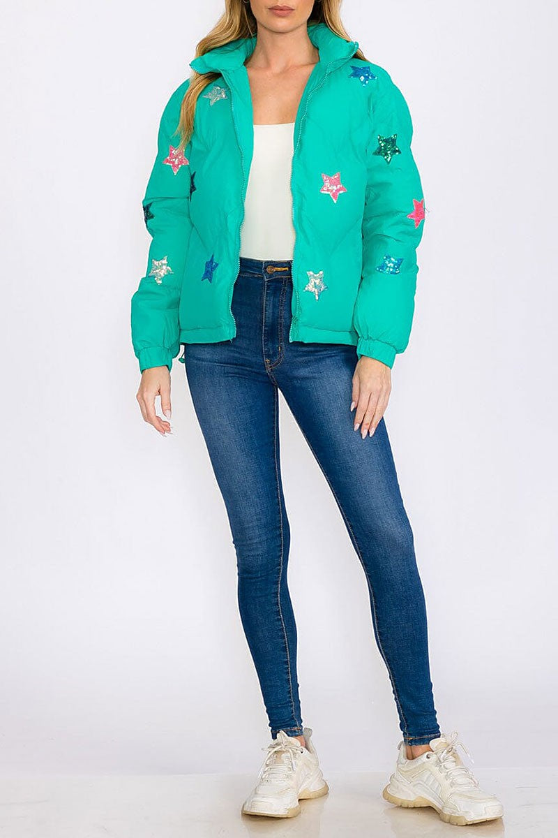 Zip up  pockets star sequins print puffer jacket (RVWT8354)