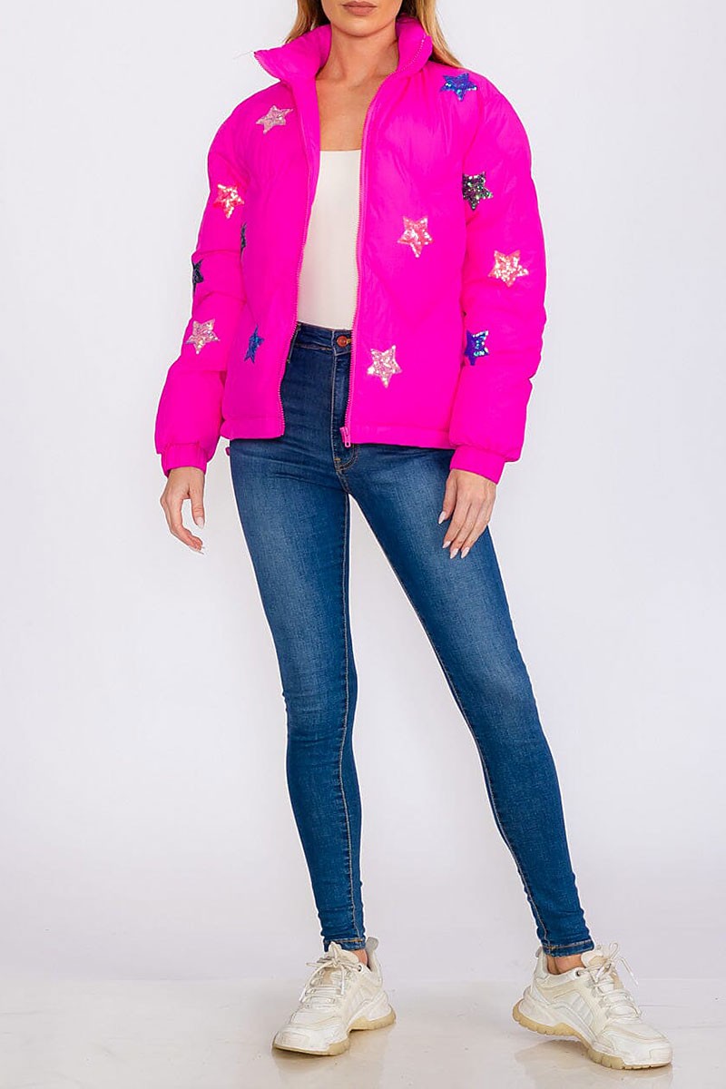 Zip up  pockets star sequins print puffer jacket (RVWT8354)