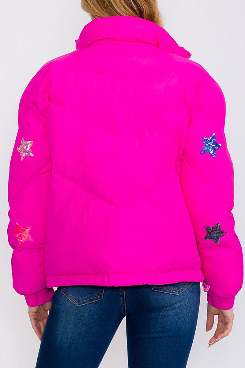 Zip up  pockets star sequins print puffer jacket (RVWT8354)