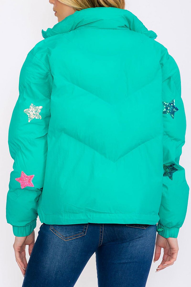 Zip up  pockets star sequins print puffer jacket (RVWT8354)