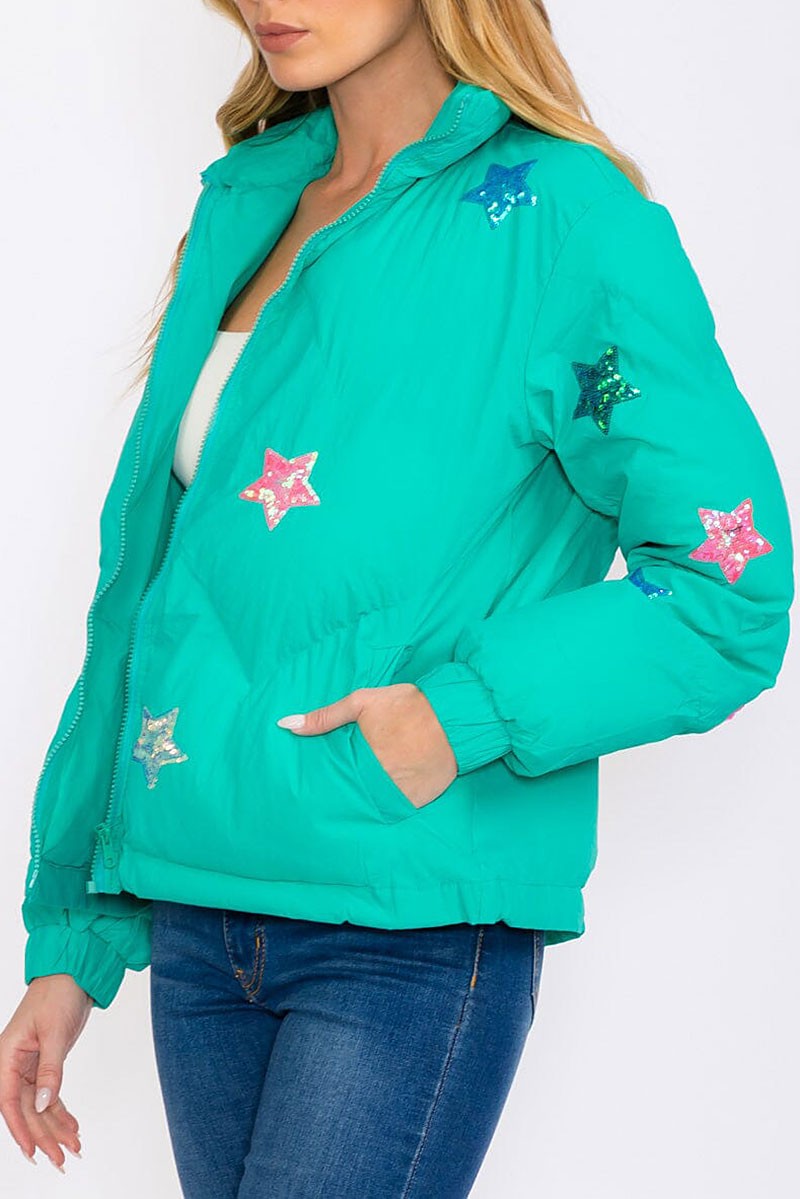 Zip up  pockets star sequins print puffer jacket (RVWT8354)