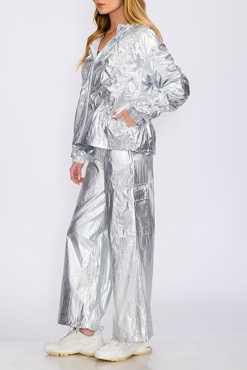 Jacket &amp; wide leg pants metallic ruched 2pc. set (RVWT8356)