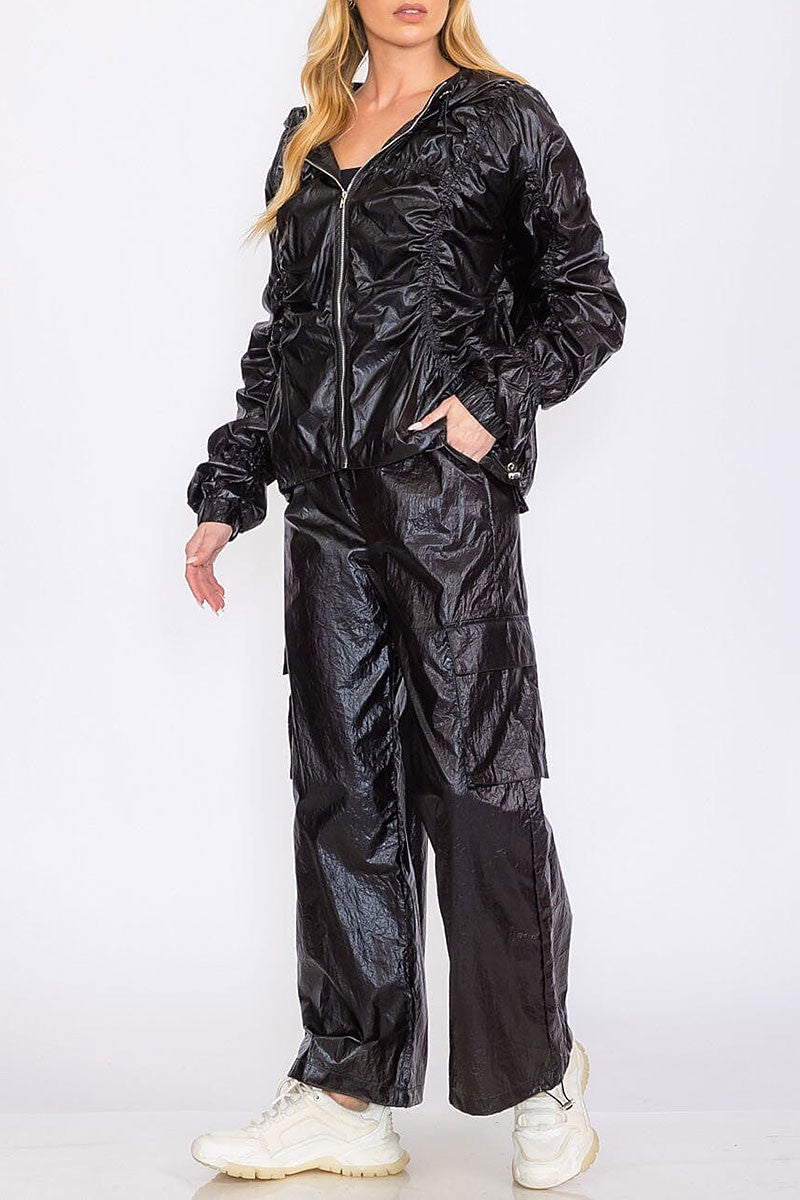 Jacket &amp; wide leg pants metallic ruched 2pc. set (RVWT8356)