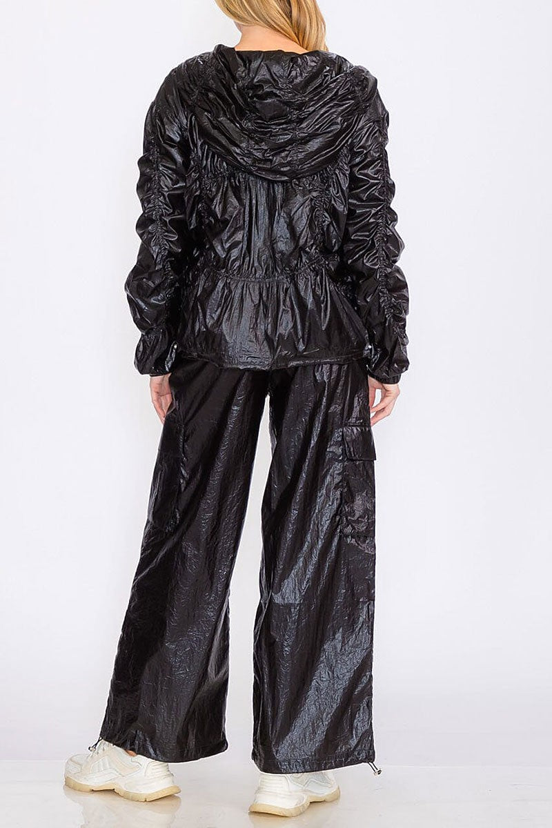 Jacket &amp; wide leg pants metallic ruched 2pc. set (RVWT8356)