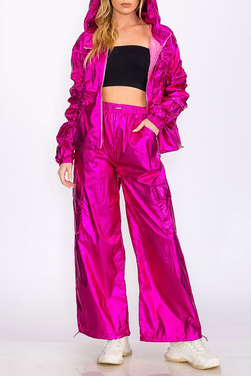 Jacket &amp; wide leg pants metallic ruched 2pc. set (RVWT8356)