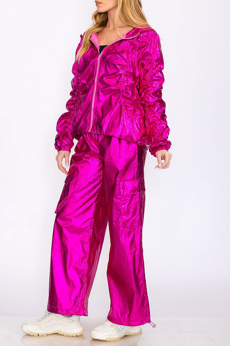 Jacket &amp; wide leg pants metallic ruched 2pc. set (RVWT8356)