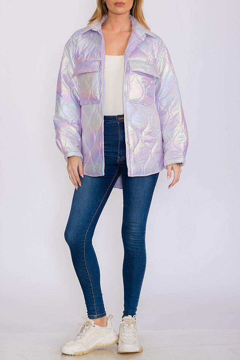 Button up pockets high-low shimmer puffer jacket (RVWT8357)