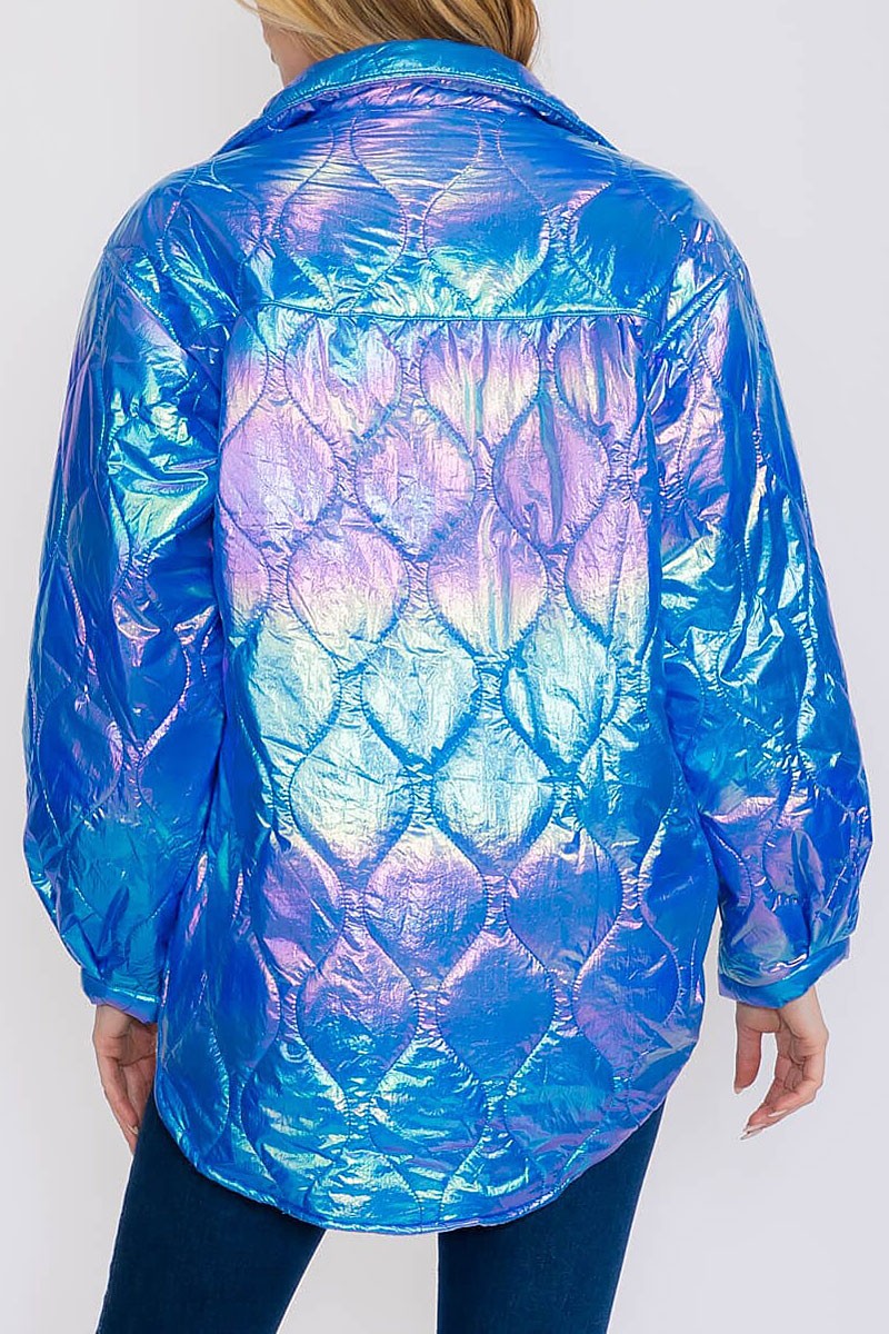 Button up pockets high-low shimmer puffer jacket (RVWT8357)