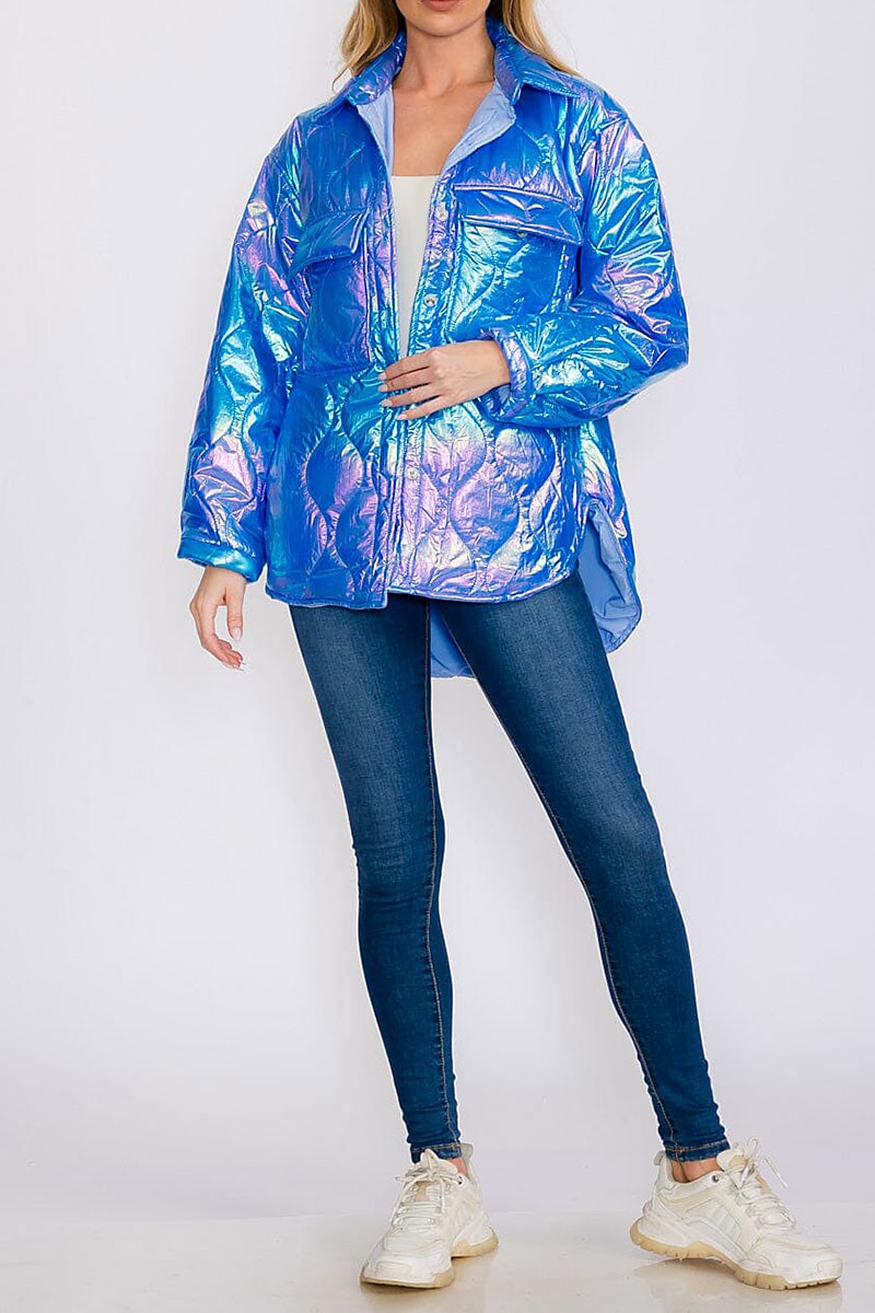 Button up pockets high-low shimmer puffer jacket (RVWT8357)