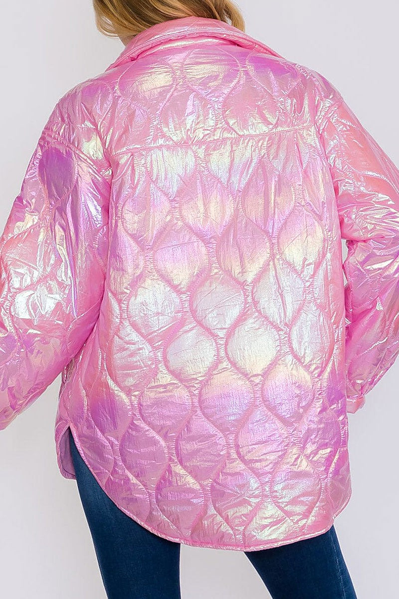 Button up pockets high-low shimmer puffer jacket (RVWT8357)