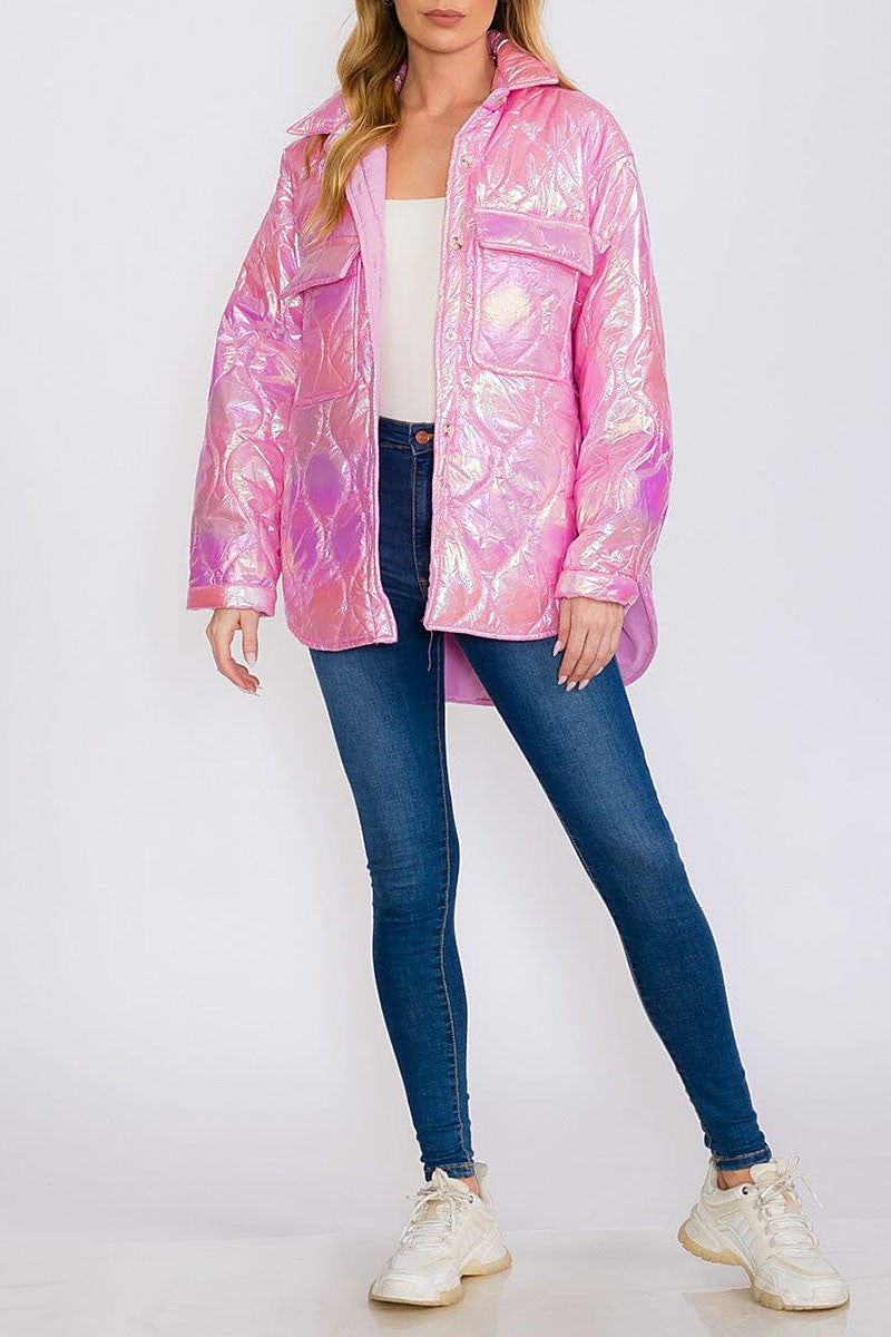 Button up pockets high-low shimmer puffer jacket (RVWT8357)